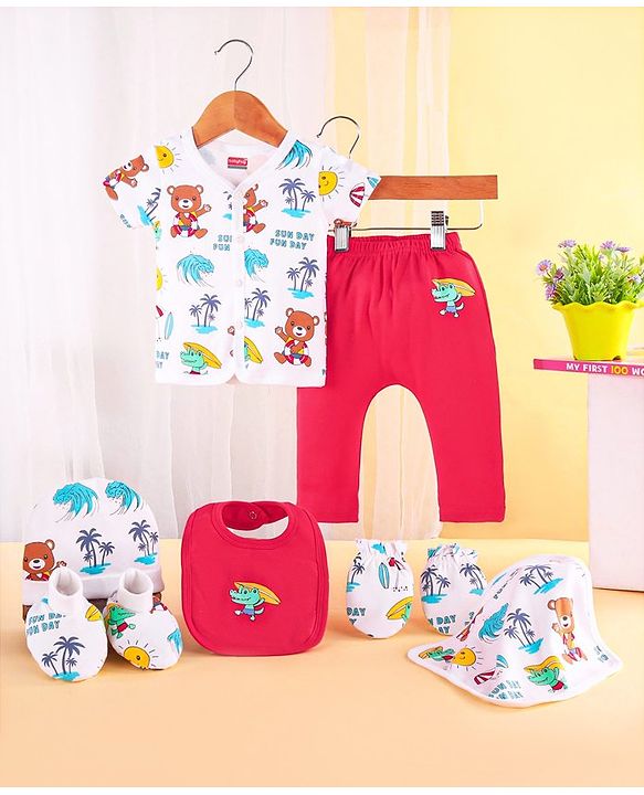 Babyhug 100% Cotton Baby Gift Set With Beach Theme Print - White & Red