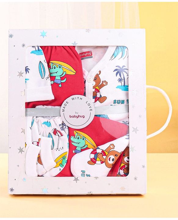 Babyhug 100% Cotton Baby Gift Set With Beach Theme Print - White & Red