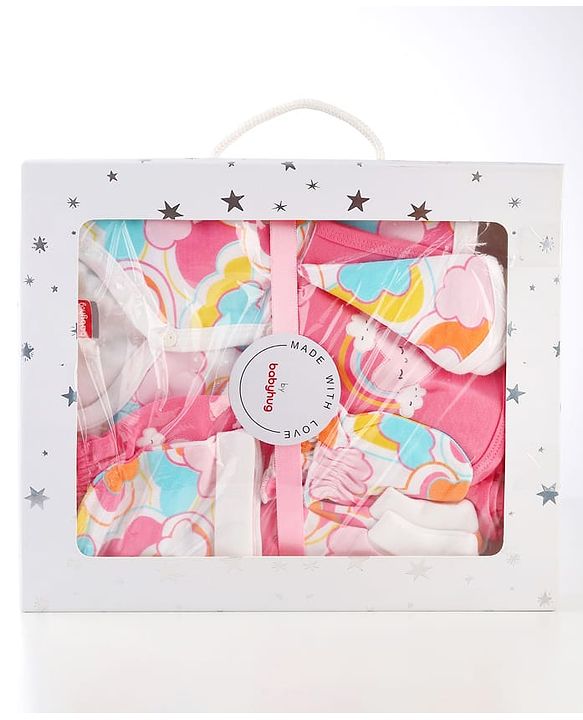 Babyhug 100% Cotton Baby Gift Set with Cloud Print Pack of 7 - Pink