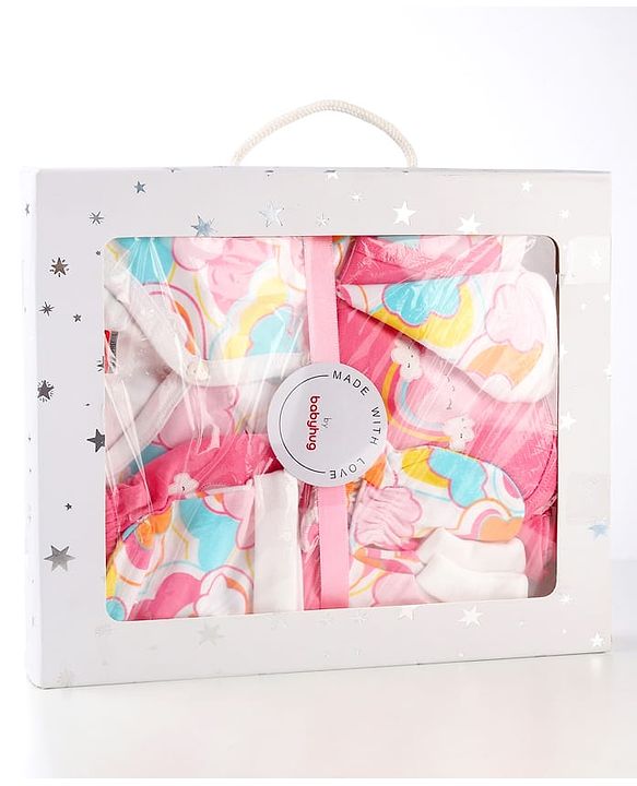 Babyhug 100% Cotton Baby Gift Set with Cloud Print Pack of 7 - Pink
