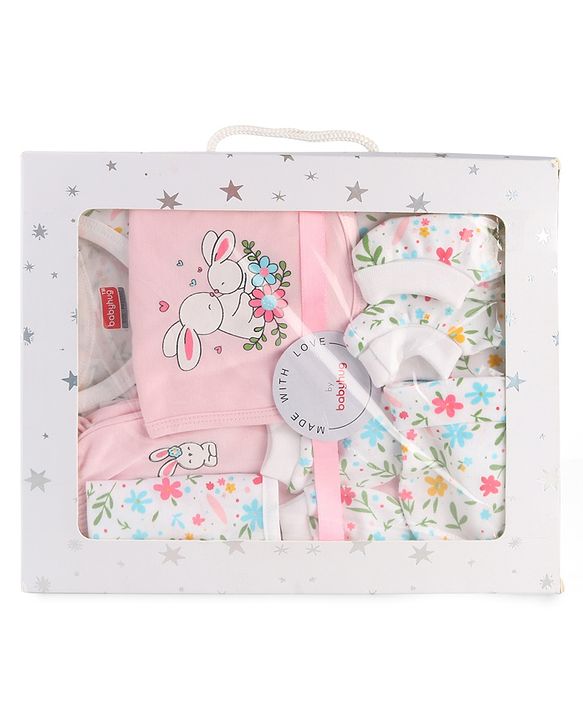 Babyhug 100% Cotton Baby Gift Set with Cloud Print Pack of 7 - Pink