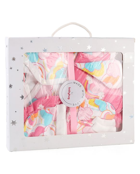 Babyhug 100% Cotton Baby Gift Set with Cloud Print Pack of 7 - Pink