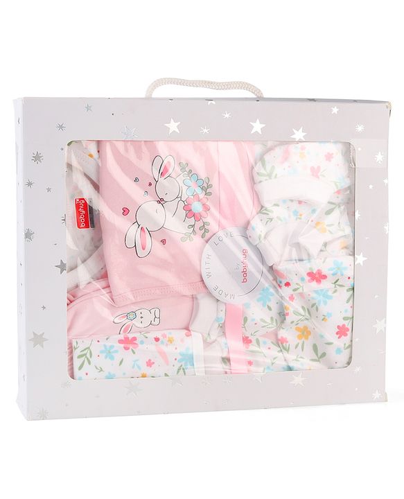 Babyhug 100% Cotton Baby Gift Set with Cloud Print Pack of 7 - Pink