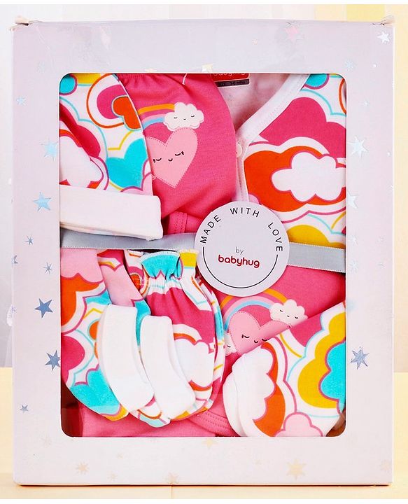 Babyhug 100% Cotton Baby Gift Set with Cloud Print Pack of 7 - Pink