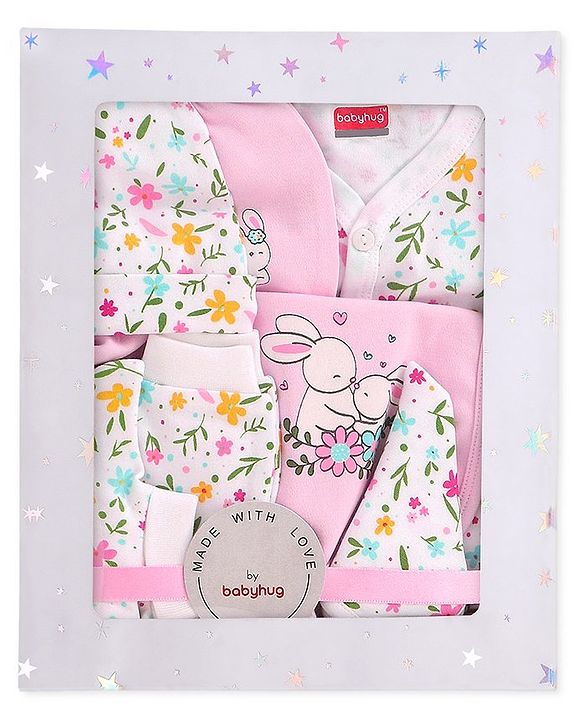 Babyhug 100% Cotton Baby Gift Set With Floral Print Pack of 7 - White & Pink