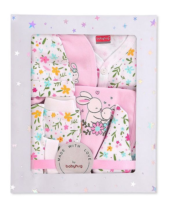 Babyhug 100% Cotton Baby Gift Set With Floral Print Pack of 7 - White & Pink