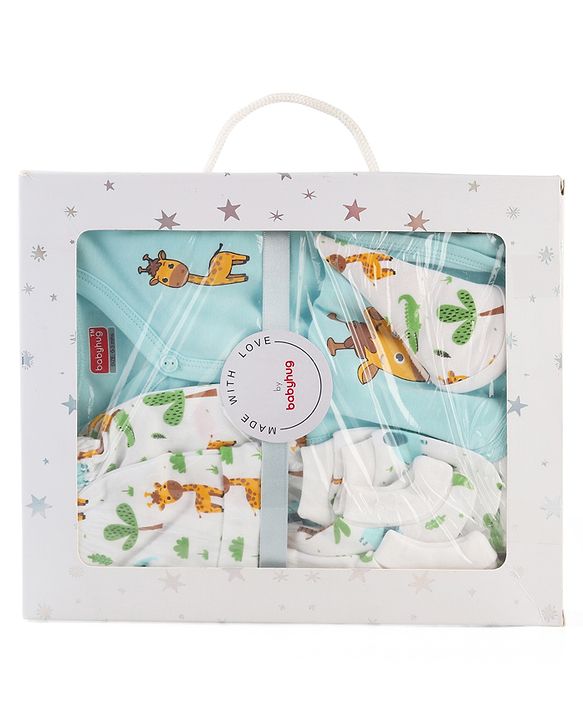 Babyhug 100% Cotton Baby Gift Set With Animal Print Pack of 7 - White & Light Blue