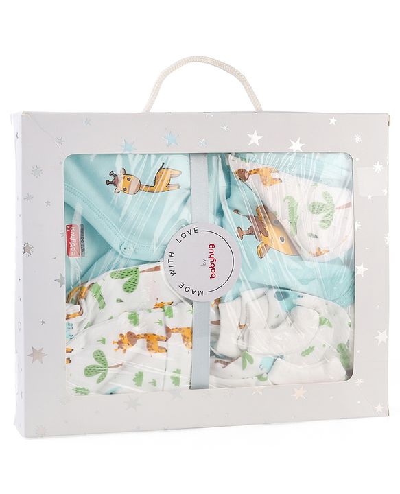 Babyhug 100% Cotton Baby Gift Set With Animal Print Pack of 7 - White & Light Blue