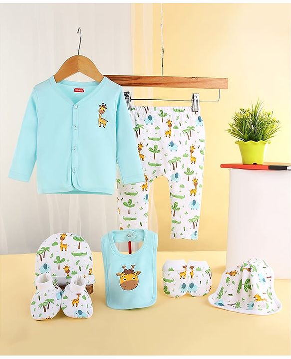 Babyhug 100% Cotton Baby Gift Set With Animal Print Pack of 7 - White & Light Blue