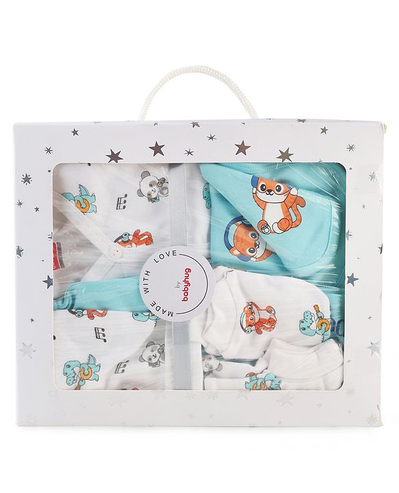 Babyhug 100% Cotton Baby Gift Set Pack of 7 - White & Light Blue