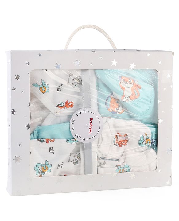 Babyhug 100% Cotton Baby Gift Set Pack of 7 - White & Light Blue