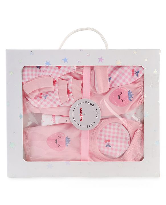 Babyhug 100% Cotton Baby Gift Set with Polka Dots & Fruit Print Set of 7 - Pink