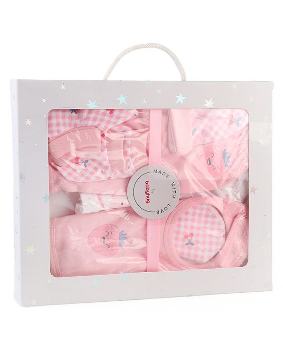 Babyhug 100% Cotton Baby Gift Set with Polka Dots & Fruit Print Set of 7 - Pink
