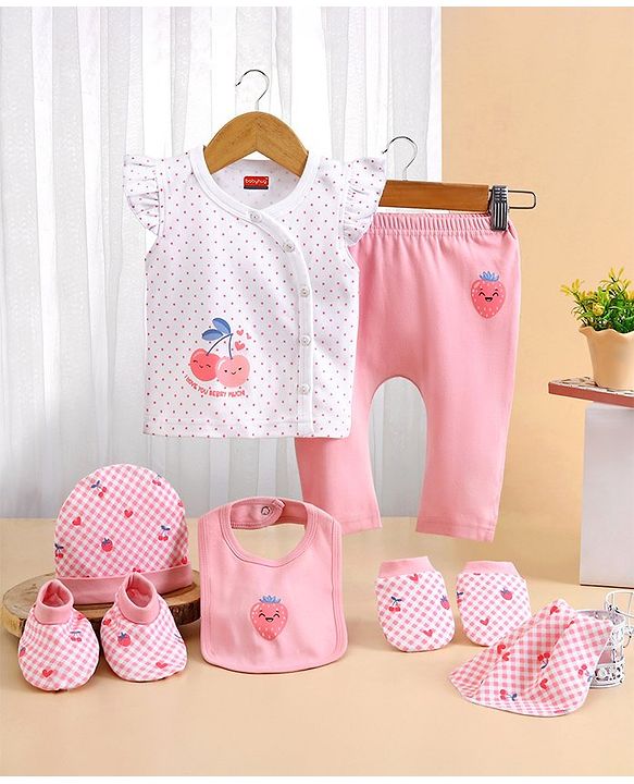 Babyhug 100% Cotton Baby Gift Set with Polka Dots & Fruit Print Set of 7 - Pink
