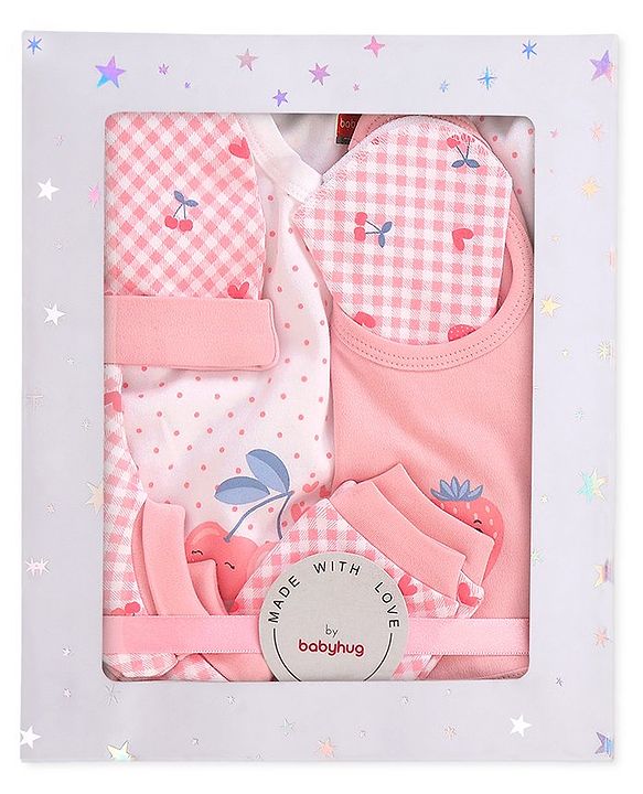 Babyhug 100% Cotton Baby Gift Set with Polka Dots & Fruit Print Set of 7 - Pink