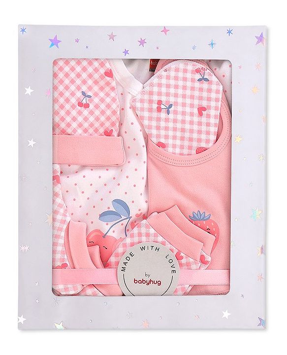 Babyhug 100% Cotton Baby Gift Set with Polka Dots & Fruit Print Set of 7 - Pink
