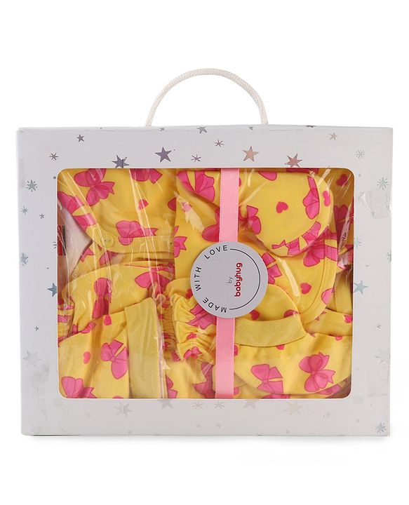 Babyhug 100% Cotton Baby Gift Set With Bow Print Pack of 7 - Yellow & Pink