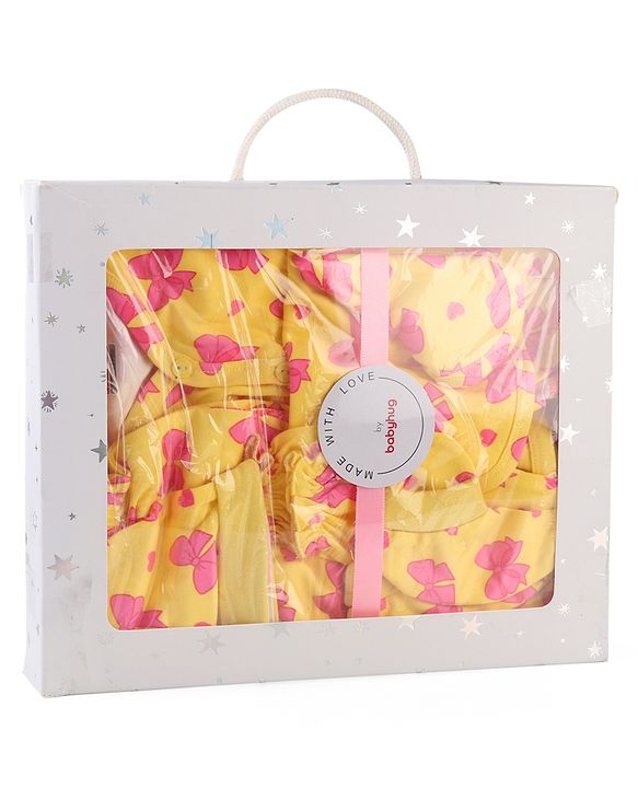 Babyhug 100% Cotton Baby Gift Set With Bow Print Pack of 7 - Yellow & Pink