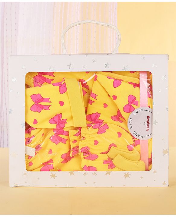 Babyhug 100% Cotton Baby Gift Set With Bow Print Pack of 7 - Yellow & Pink