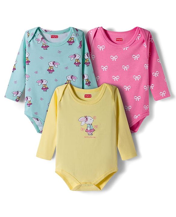 Babyhug 100% Cotton Knit Full Sleeves Onesies with Bunny & Bow Print Pack of 3 - Yellow Pink & Light Blue