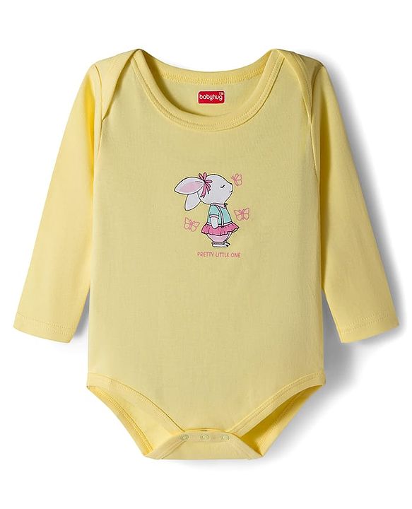 Babyhug 100% Cotton Knit Full Sleeves Onesies with Bunny & Bow Print Pack of 3 - Yellow Pink & Light Blue