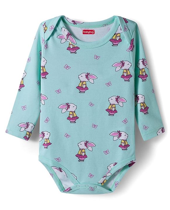 Babyhug 100% Cotton Knit Full Sleeves Onesies with Bunny & Bow Print Pack of 3 - Yellow Pink & Light Blue