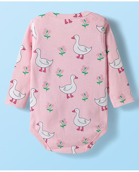 Babyhug 100% Cotton Interlock Knit Full Sleeves Onesies with Ducky & Floral Print Pack of 3 - White Light Green & Pink