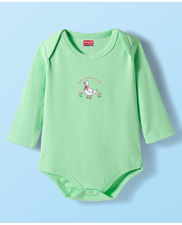 Babyhug 100% Cotton Interlock Knit Full Sleeves Onesies with Ducky & Floral Print Pack of 3 - White Light Green & Pink
