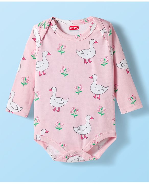 Babyhug 100% Cotton Interlock Knit Full Sleeves Onesies with Ducky & Floral Print Pack of 3 - White Light Green & Pink