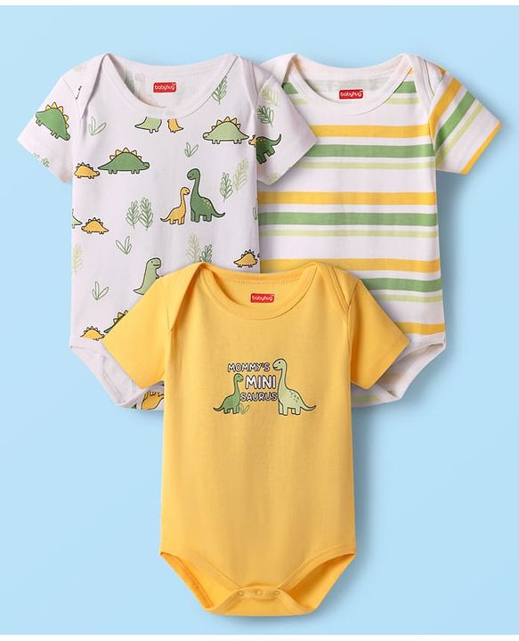 Babyhug 100% Cotton Knit Half Sleeves Onesies with Stripes & Dino Print Pack of 3 - Yellow & White