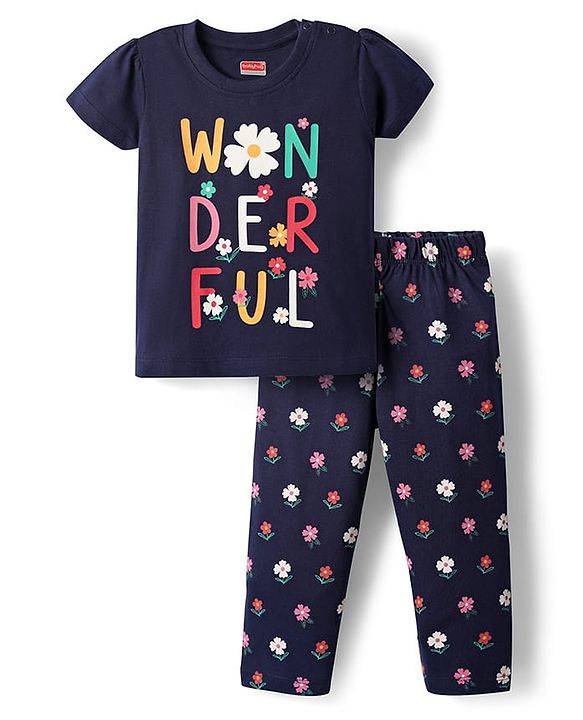 Babyhug Cotton Knit Half Sleeves Night Suit with Floral & Wonderfull Text Print - Navy Blue