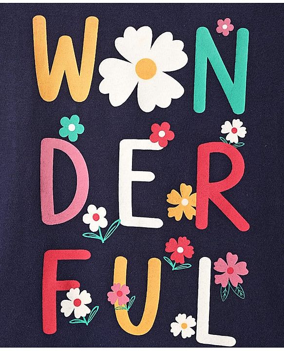 Babyhug Cotton Knit Half Sleeves Night Suit with Floral & Wonderfull Text Print - Navy Blue