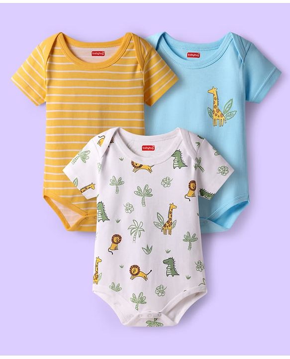 Babyhug 100% Cotton Interlock Knit Half Sleeves Onesies with Animal Print & Stripe Pack of 3 - Light Blue White & Light Orange