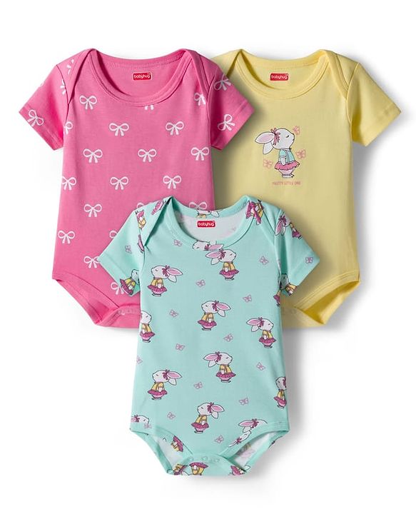 Babyhug 100% Cotton Interlock Knit Half Sleeves Onesies With Animal Print Pack Of 3 - Light Blue Yellow & Pink