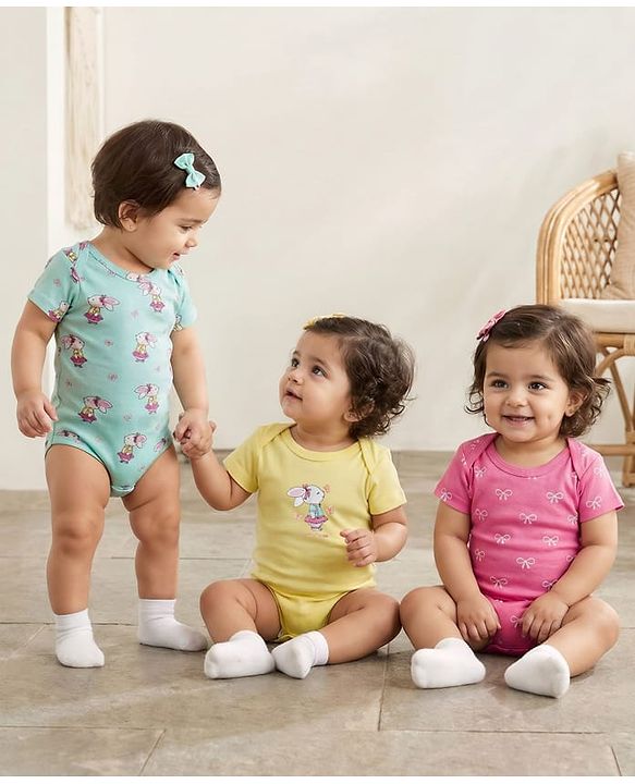 Babyhug 100% Cotton Interlock Knit Half Sleeves Onesies With Animal Print Pack Of 3 - Light Blue Yellow & Pink