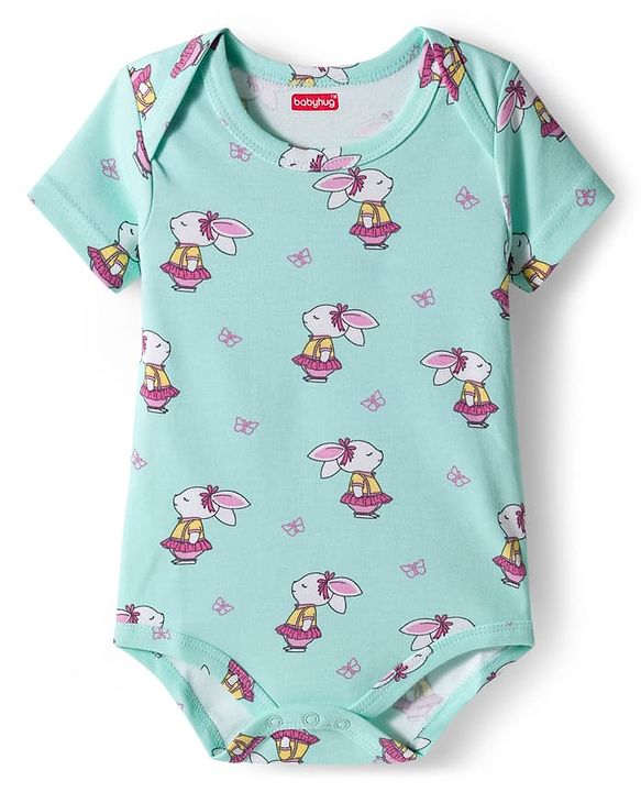 Babyhug 100% Cotton Interlock Knit Half Sleeves Onesies With Animal Print Pack Of 3 - Light Blue Yellow & Pink