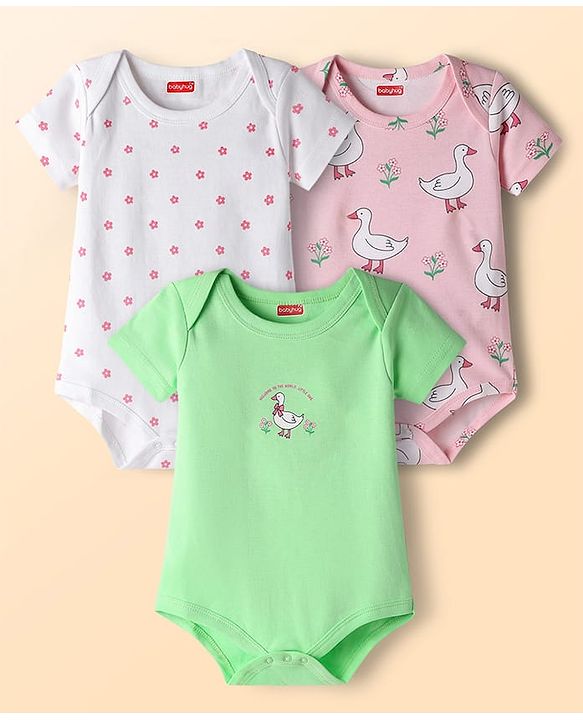 Babyhug 100% Cotton Knit Half Sleeves Onesies With Duck & Floral Print Pack of 3 - Green Pink & White