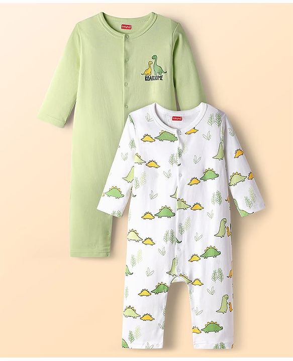 Babyhug 100% Cotton Knit Full Sleeves Rompers With Dino Print Pack of 2 - White & Green