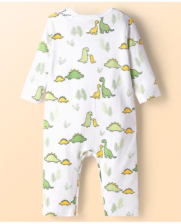Babyhug 100% Cotton Knit Full Sleeves Rompers With Dino Print Pack of 2 - White & Green
