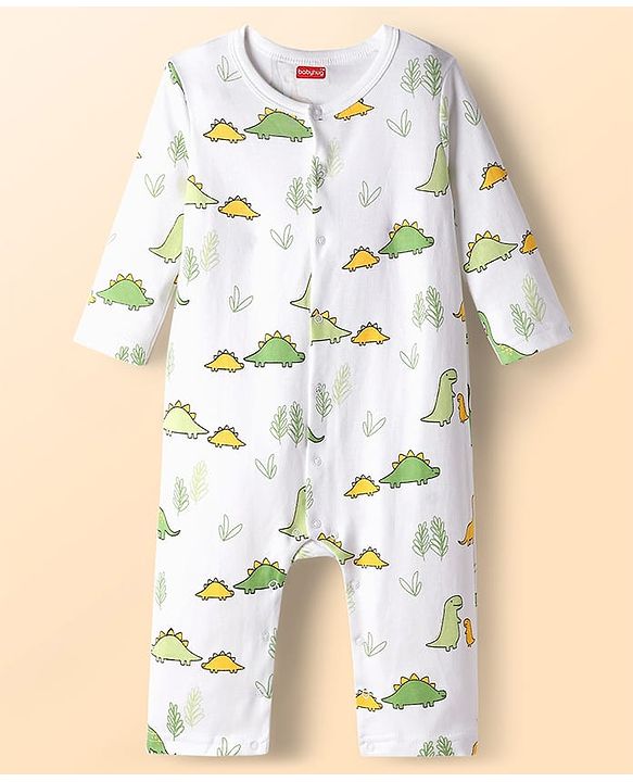 Babyhug 100% Cotton Knit Full Sleeves Rompers With Dino Print Pack of 2 - White & Green