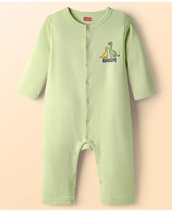 Babyhug 100% Cotton Knit Full Sleeves Rompers With Dino Print Pack of 2 - White & Green