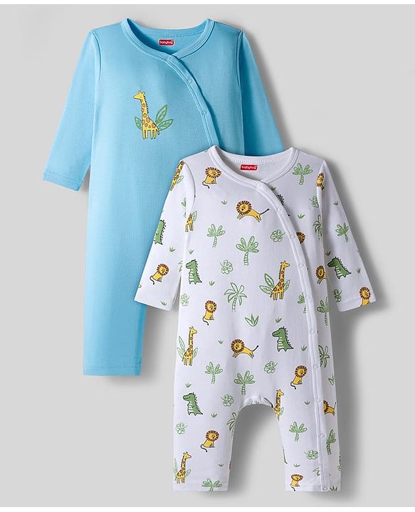 Babyhug 100% Cotton Interlock Knit Full Sleeves Front Open Romper with Animal Print Pack of 2 - Light Blue & White