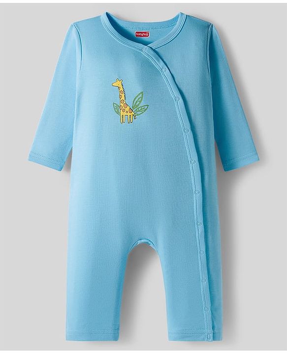 Babyhug 100% Cotton Interlock Knit Full Sleeves Front Open Romper with Animal Print Pack of 2 - Light Blue & White