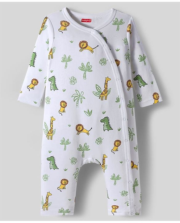 Babyhug 100% Cotton Interlock Knit Full Sleeves Front Open Romper with Animal Print Pack of 2 - Light Blue & White