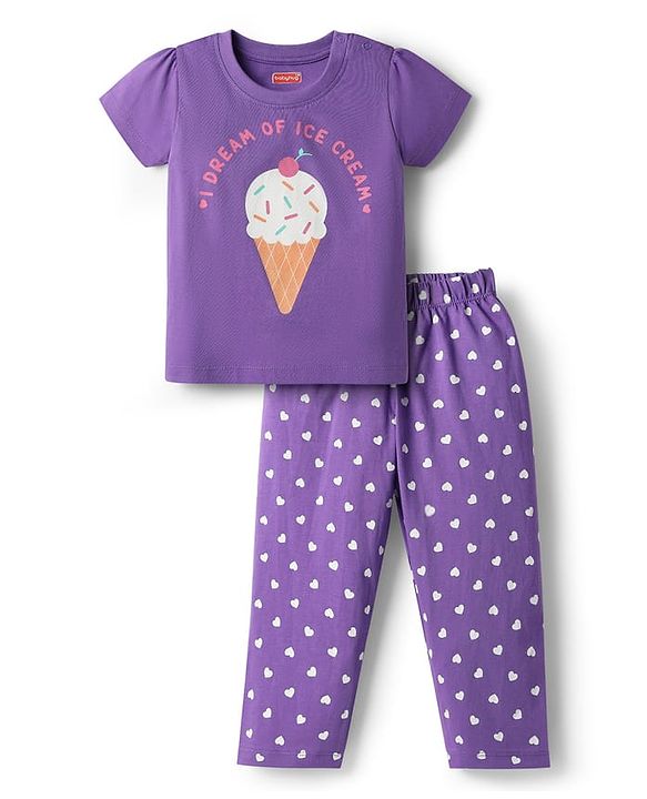 Babyhug Cotton Knit Half Sleeves Night Suit with Ice Cream Print - Purple