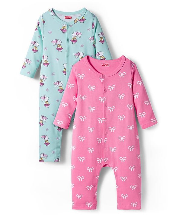 Babyhug 100% Cotton Knit Full Sleeves Rompers With With Bow & Bunny Print Pack of 2 - Pink & Light Blue