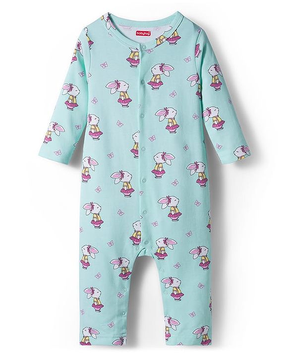 Babyhug 100% Cotton Knit Full Sleeves Rompers With With Bow & Bunny Print Pack of 2 - Pink & Light Blue