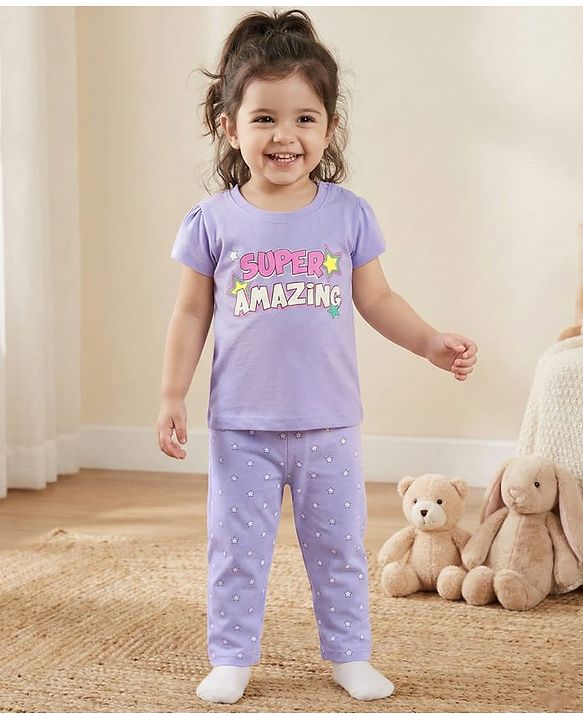 Babyhug Cotton Knit Half Sleeves Night Suit With Star & Text Print - Lavender