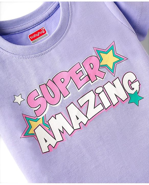 Babyhug Cotton Knit Half Sleeves Night Suit With Star & Text Print - Lavender