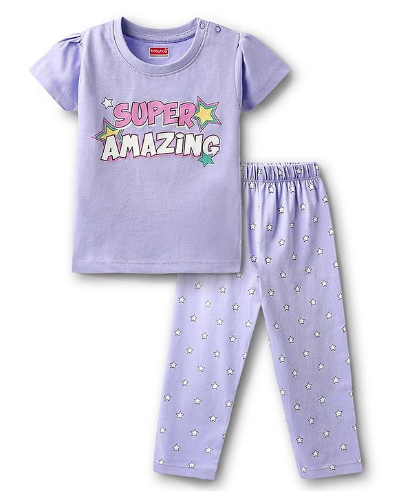 Babyhug Cotton Knit Half Sleeves Night Suit With Star & Text Print - Lavender